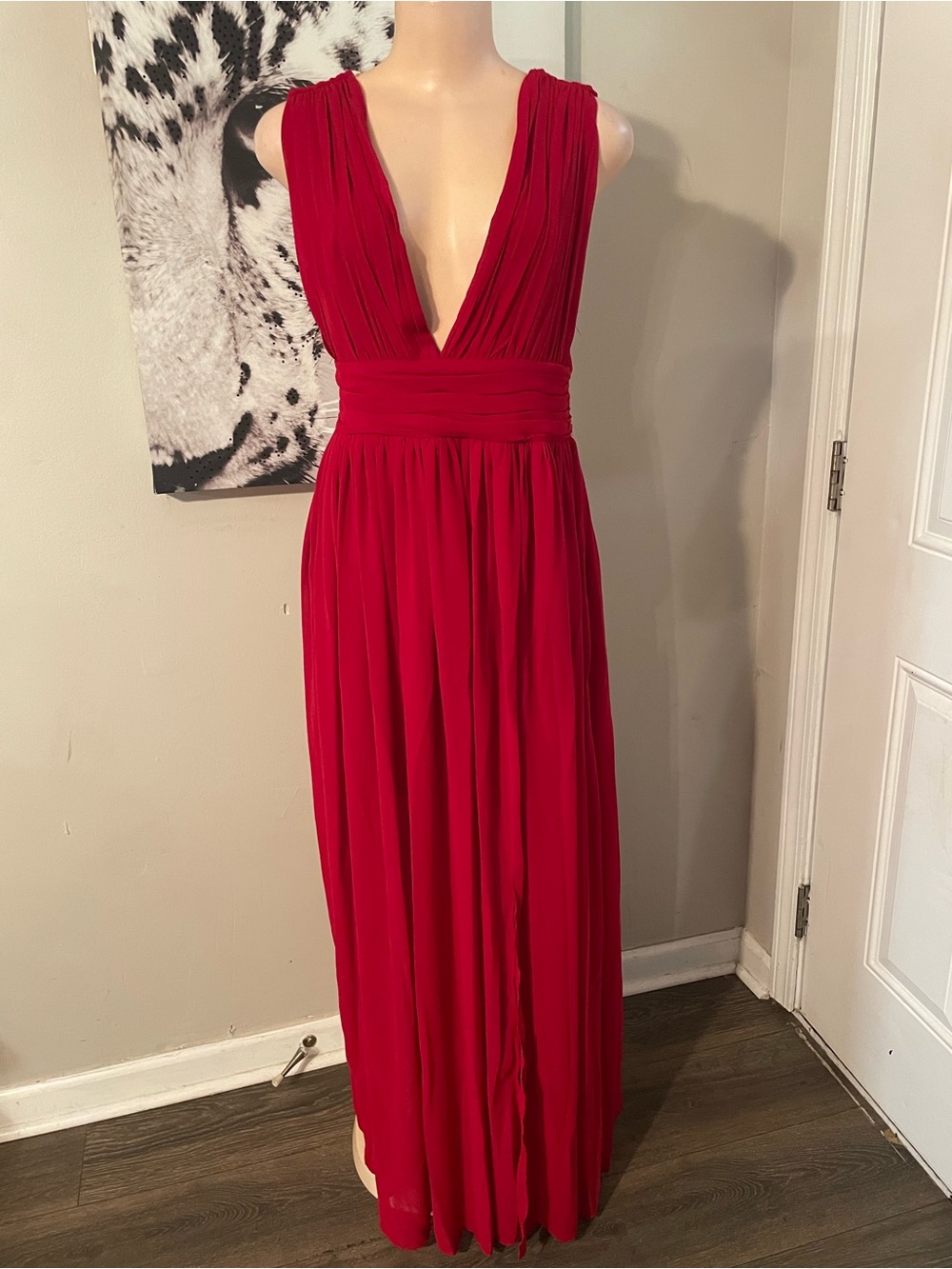 Soieblu Elegant Deep V Red Maxi gown dress ruched empire waist chiffon formal L